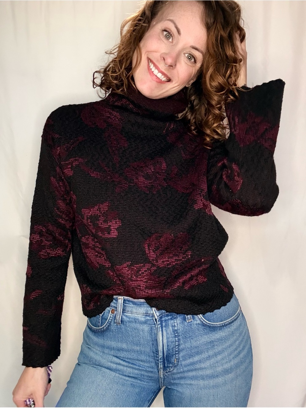 White House Black Market Black Turtleneck Sweater with Burgundy Floral Motif
